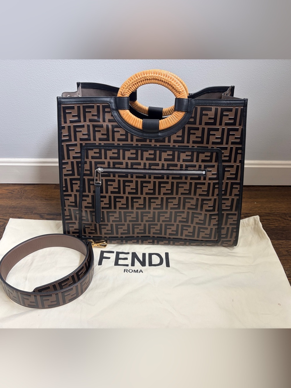 Fendi Runaway Shopping Black and Brown Zucca Leather Tote/Matching Strap